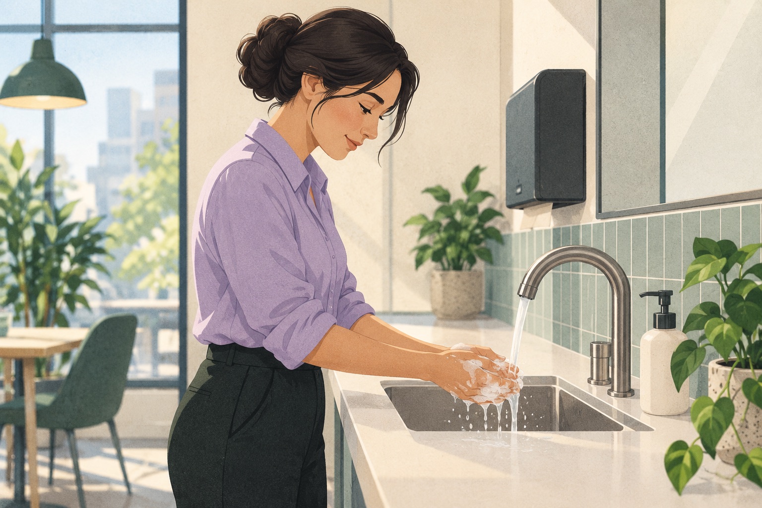 Illustration of an employee washing their hands at a workplace sink