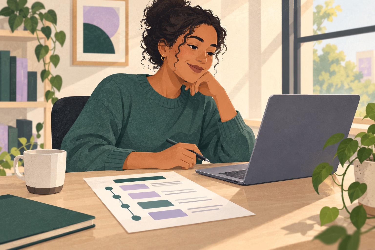 Illustration of an employee using a one-page job aid beside a laptop