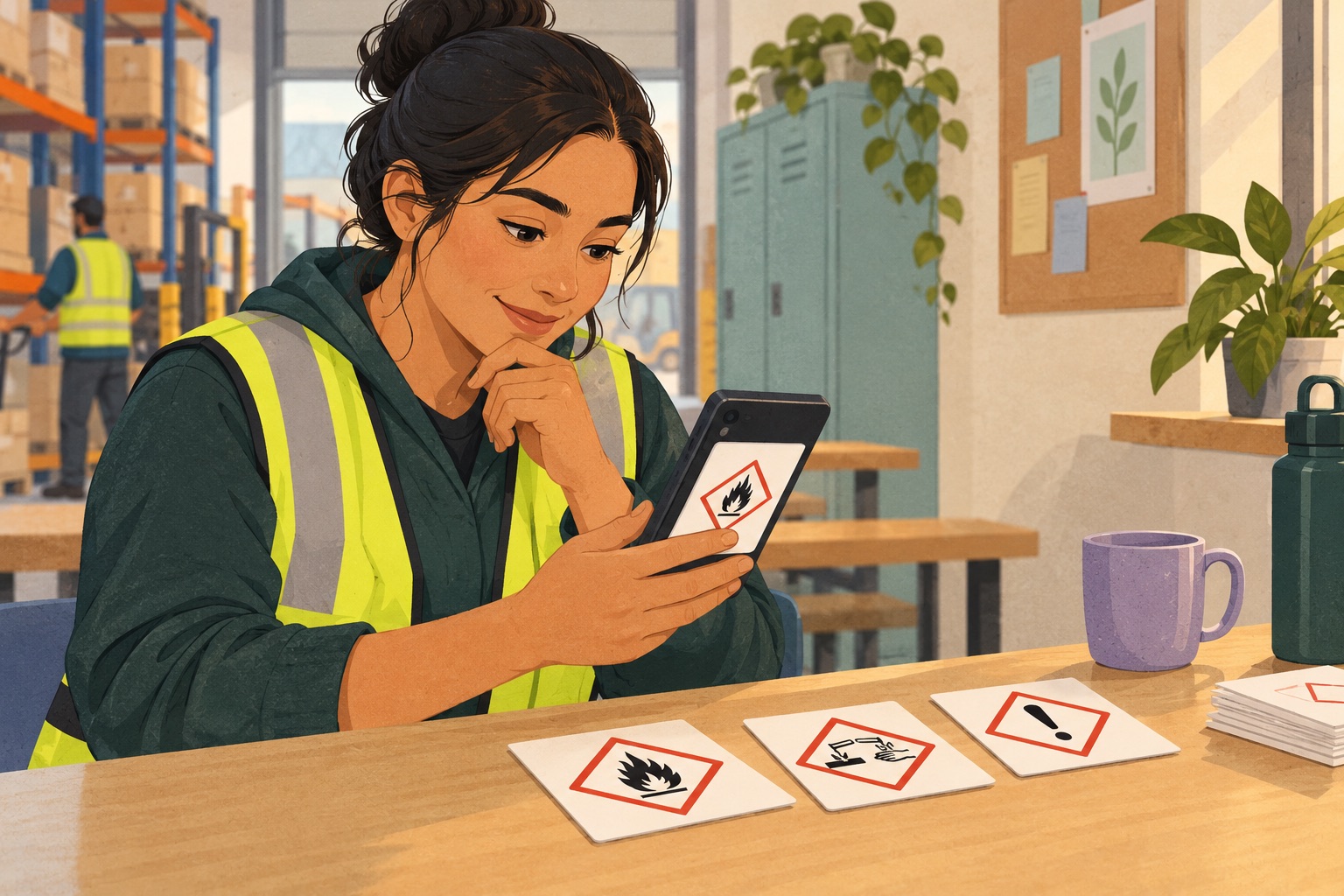 Illustration of a warehouse employee practising with workplace hazard cards